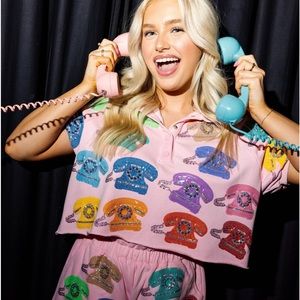 Queen of Sparkles PINK BUTTON DOWN MULTI PHONE TOP